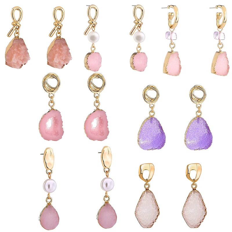 

Charm Waterdrop Natural Stone Drop Earrings Bohemian Pearl Pink Druzy Dangle Earings for Women сеѬежки Jewelry